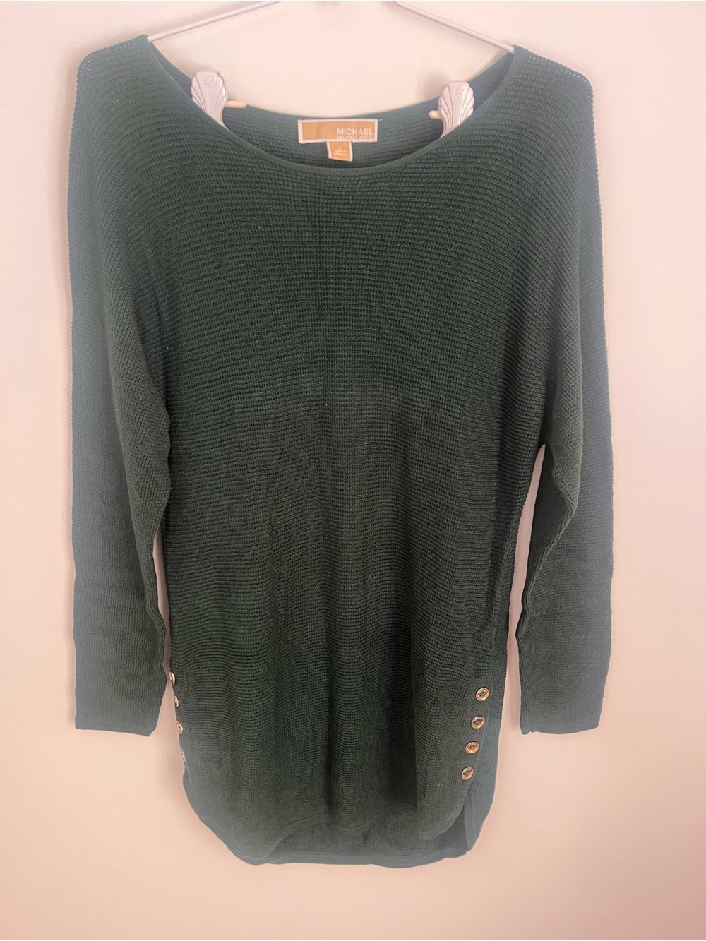 Michael Kors Forest Green Crewneck Sweater with Gold Buttons